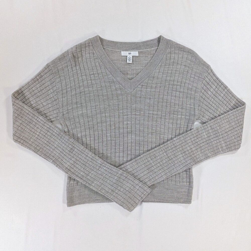 Nordstrom BP Gray Cable Knit Cropped Ribbed V-neck Sweater Women's Medium preppy
